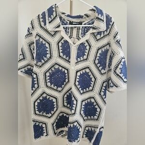 Blue and White Crochet Patterned Shirt